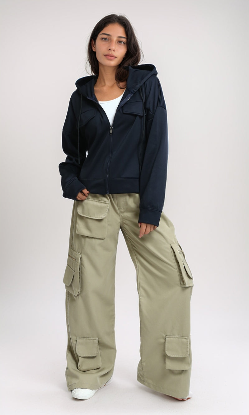 O199399 - Solid Long Comfy Hoodie with Front Pockets - Navy Blue