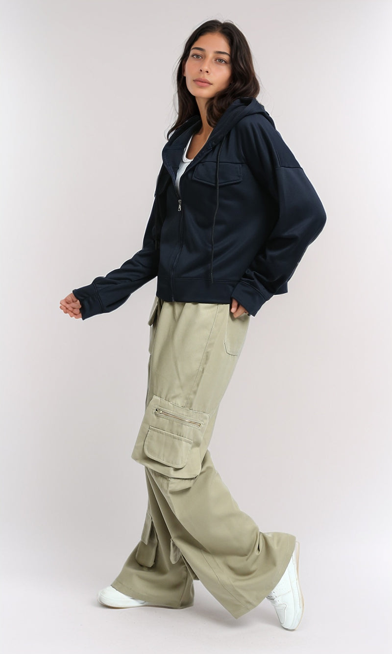 O199399 - Solid Long Comfy Hoodie with Front Pockets - Navy Blue