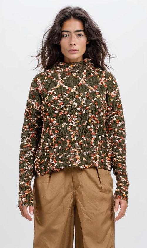 o199836-FLORAL-PRINT KNIT SWEATER - GREEN