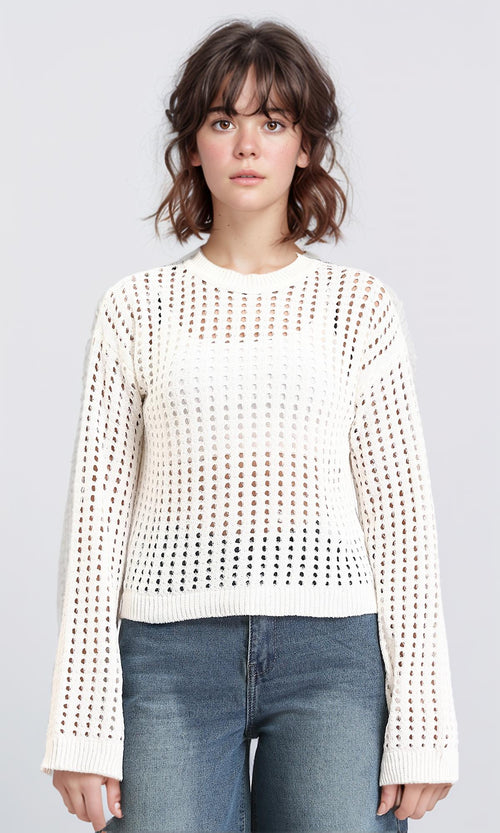 O199837 - Long Sleeves Casual Perforated Pullover - Off-White