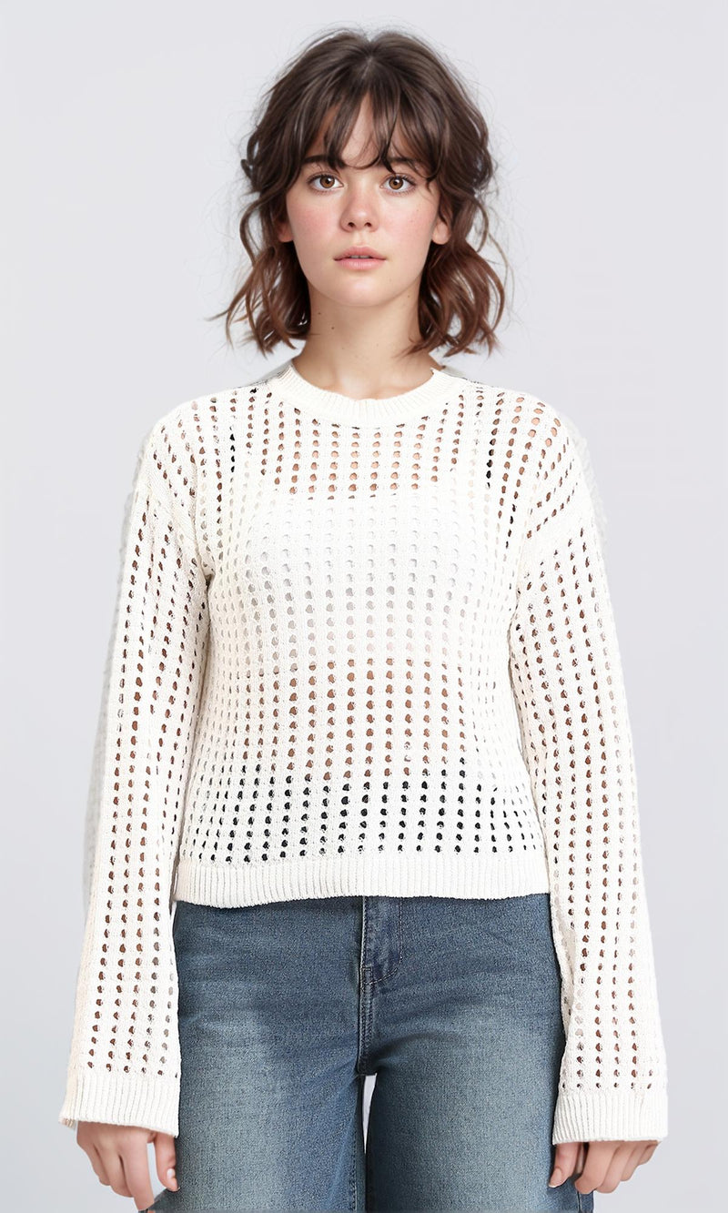 O199837 - Long Sleeves Casual Perforated Pullover - Off-White