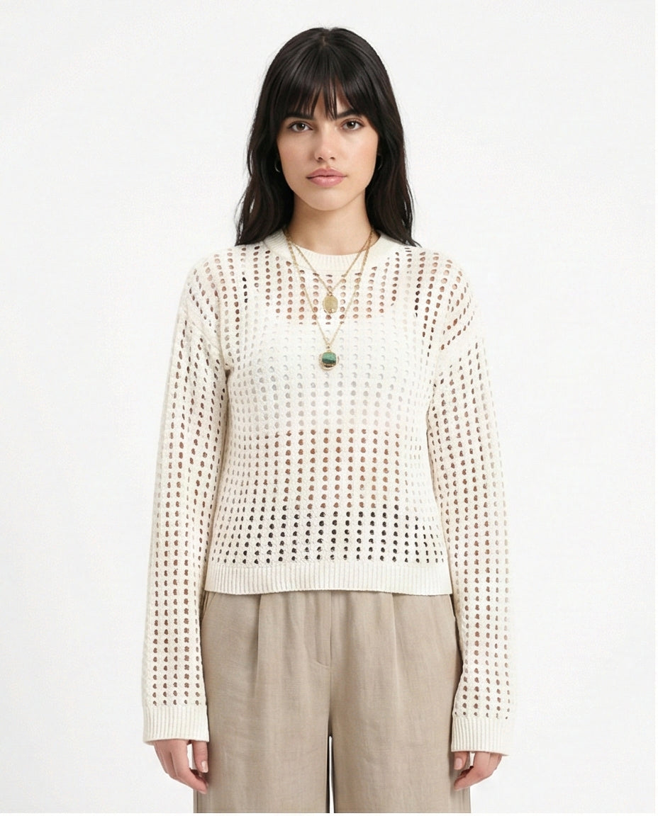 Long Sleeves Casual Perforated Pullover - Off-White