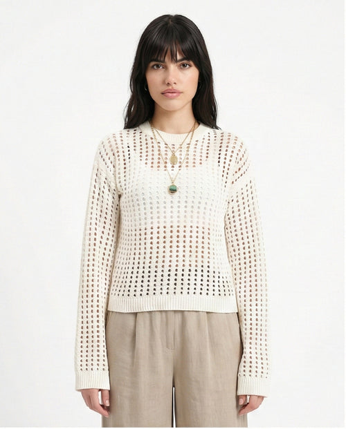 Long Sleeves Casual Perforated Pullover - Off-White