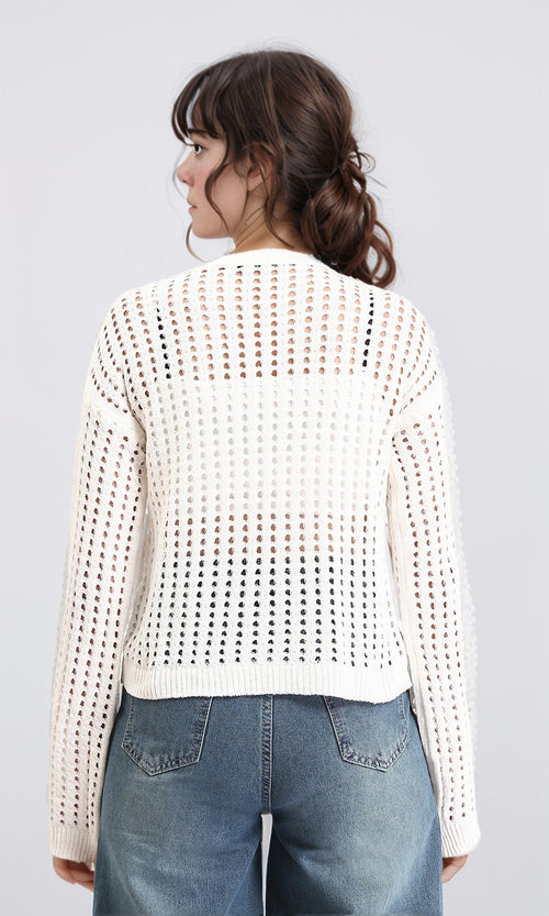 O199837 - Long Sleeves Casual Perforated Pullover - Off-White