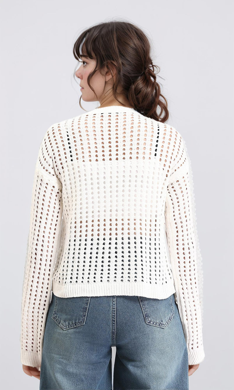 O199837 - Long Sleeves Casual Perforated Pullover - Off-White