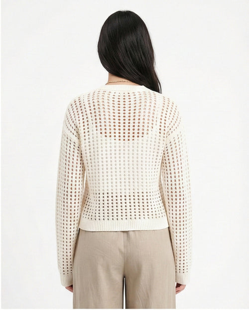 O199837 - Long Sleeves Casual Perforated Pullover - Off-White