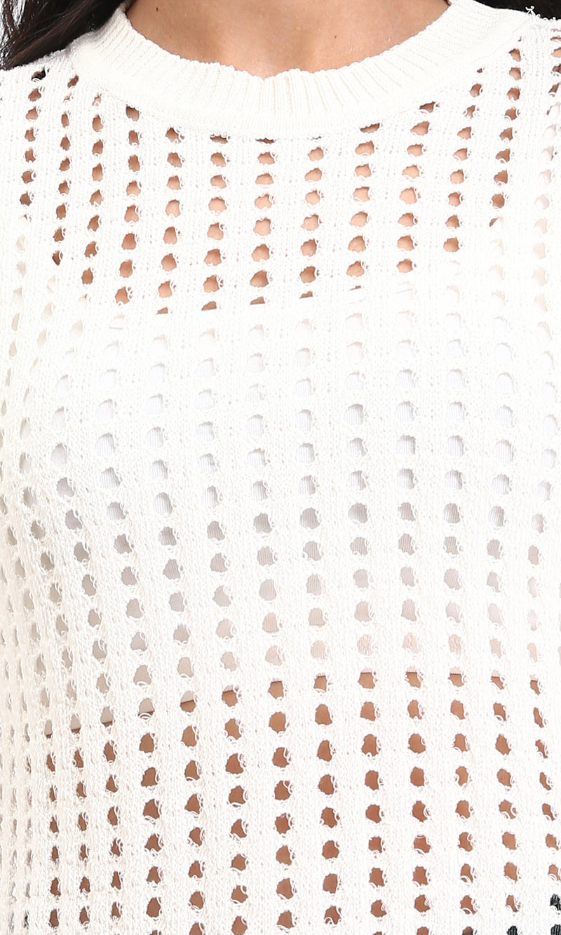 O199837 - Long Sleeves Casual Perforated Pullover - Off-White