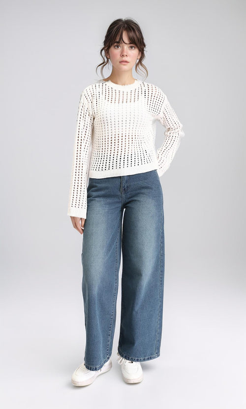 O199837 - Long Sleeves Casual Perforated Pullover - Off-White