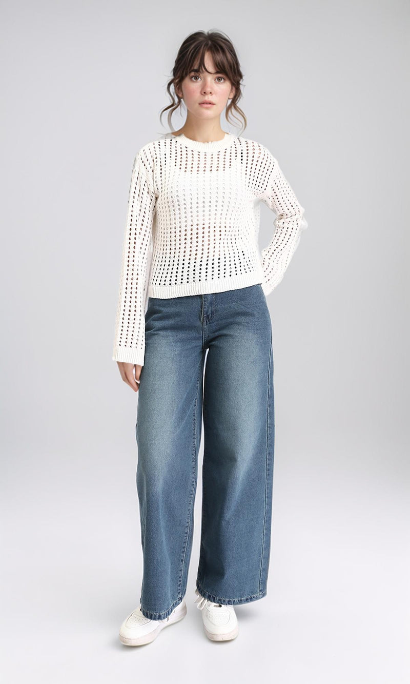 O199837 - Long Sleeves Casual Perforated Pullover - Off-White