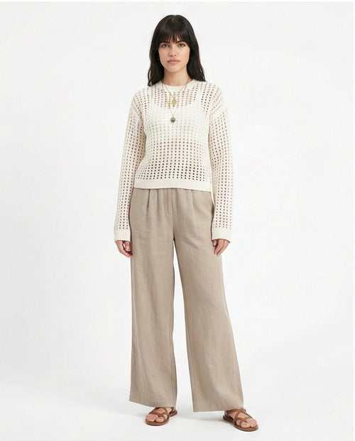 O199837 - Long Sleeves Casual Perforated Pullover - Off-White