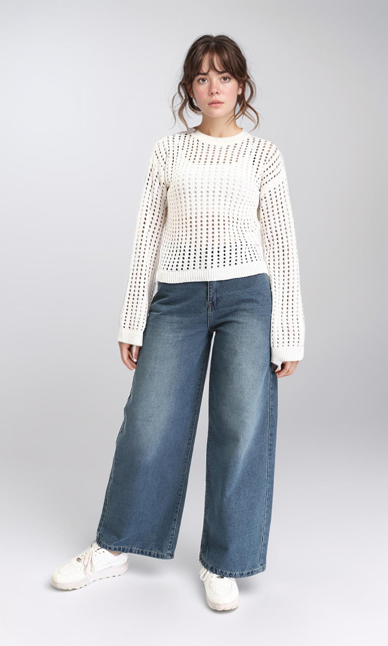O199837 - Long Sleeves Casual Perforated Pullover - Off-White