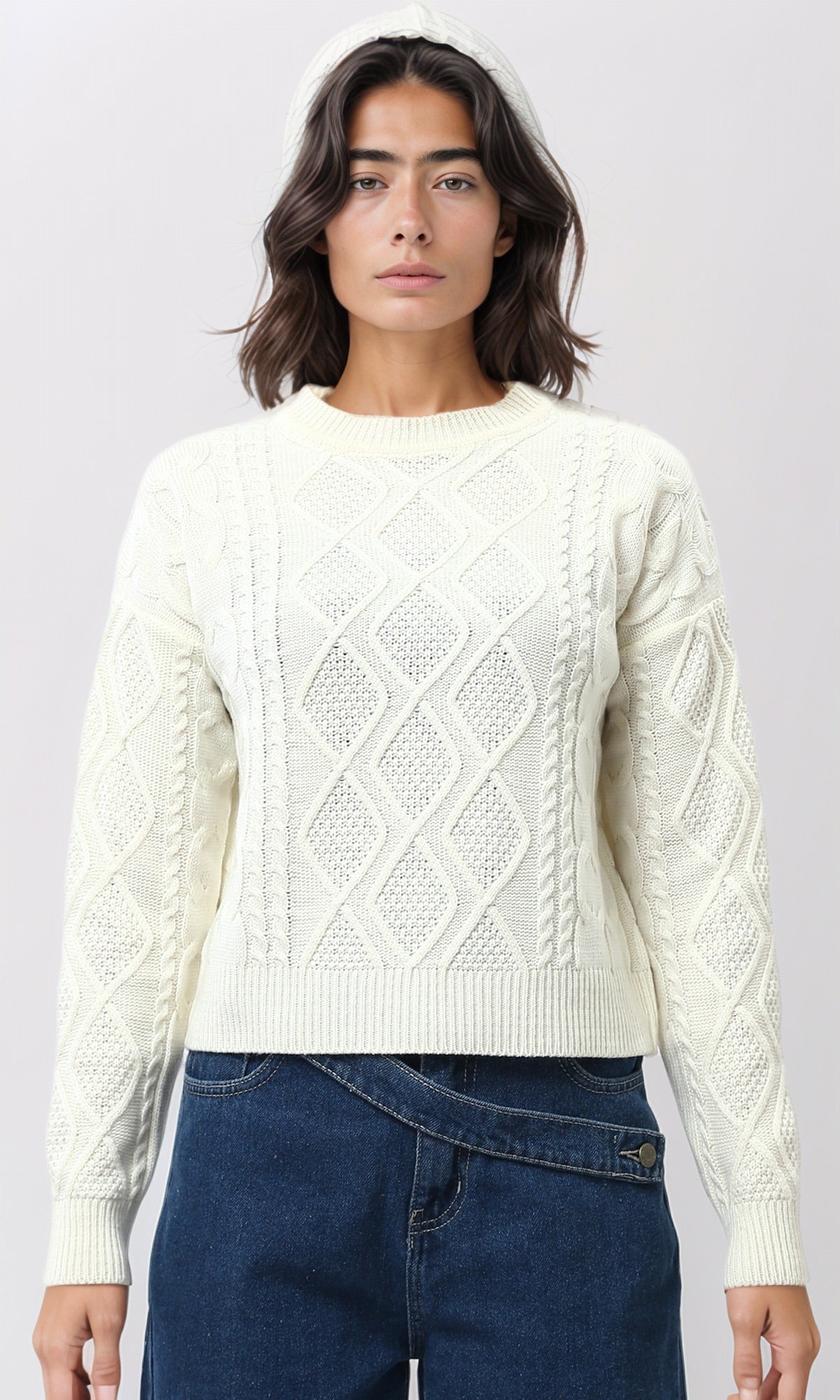 Off-White Textured Diamond Cable Knit Pullover - O199843
