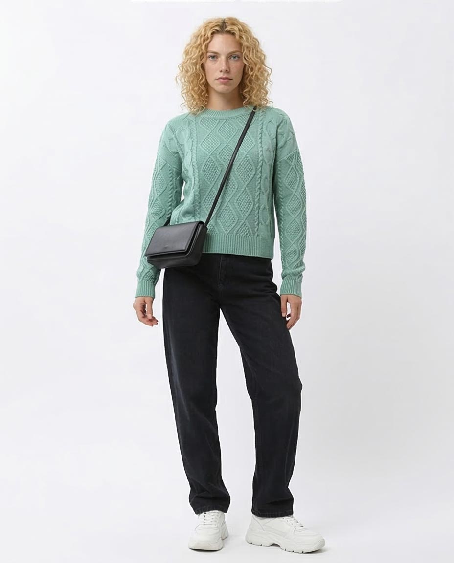 Mint Green Diamond Cable Knit Crewneck Pullover - O199845