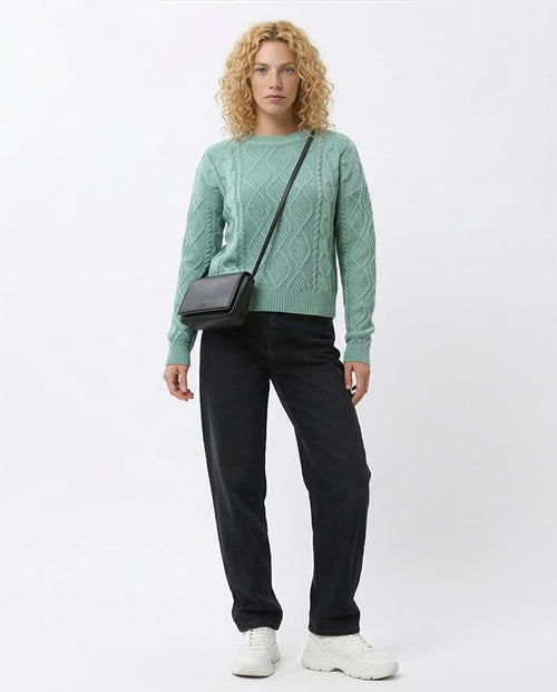 Ravin Women’s Diamond & Cable Mixed-Knit Crew Neck Sweater - Seafoam - O199845