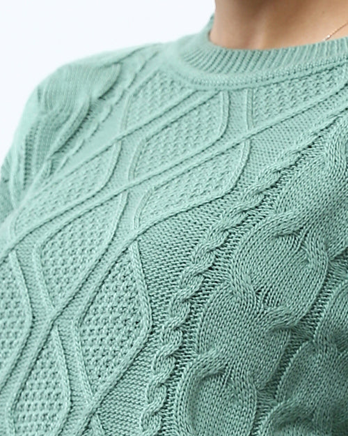 Ravin Women’s Diamond & Cable Mixed-Knit Crew Neck Sweater - Seafoam - O199845