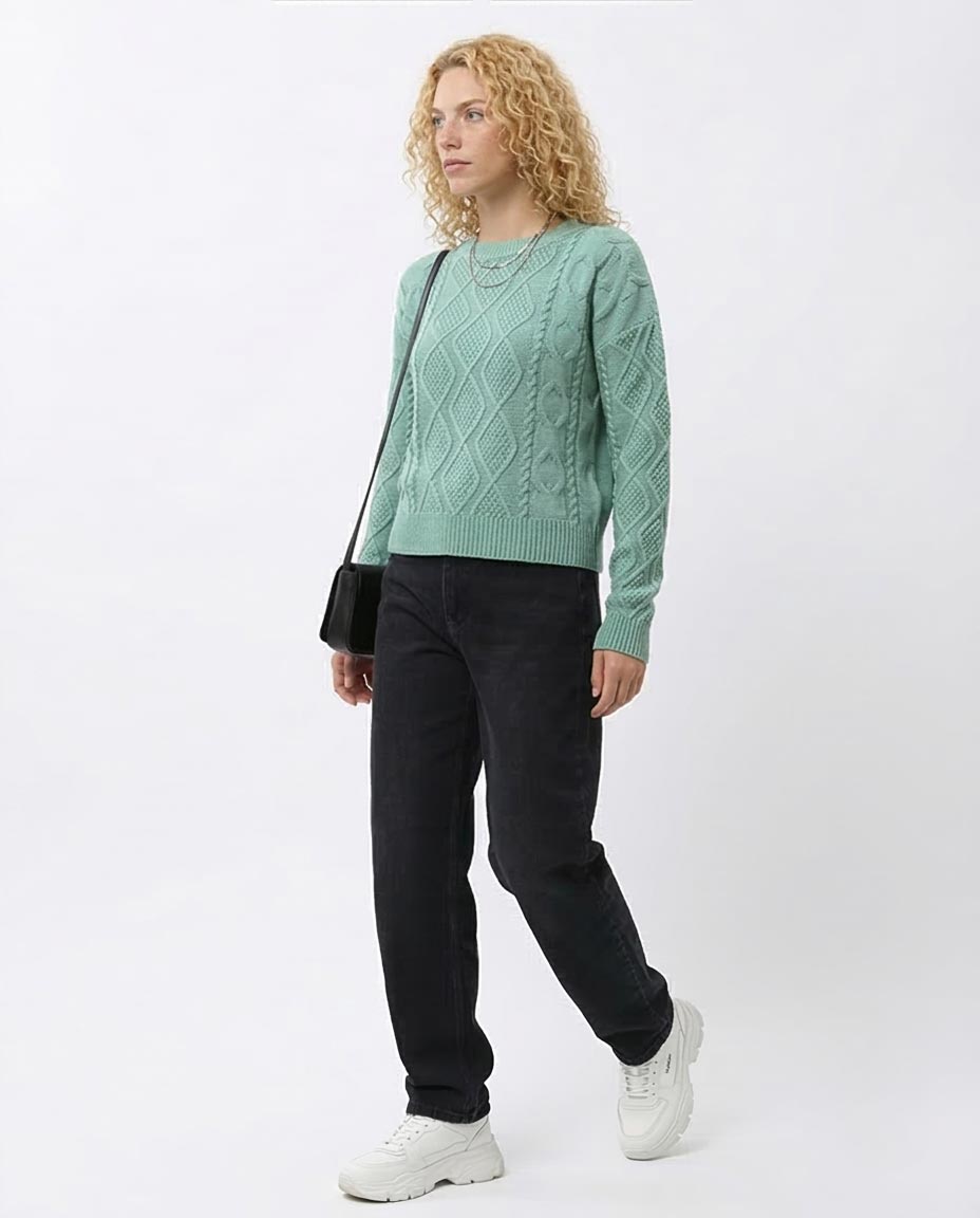 Mint Green Diamond Cable Knit Crewneck Pullover - O199845