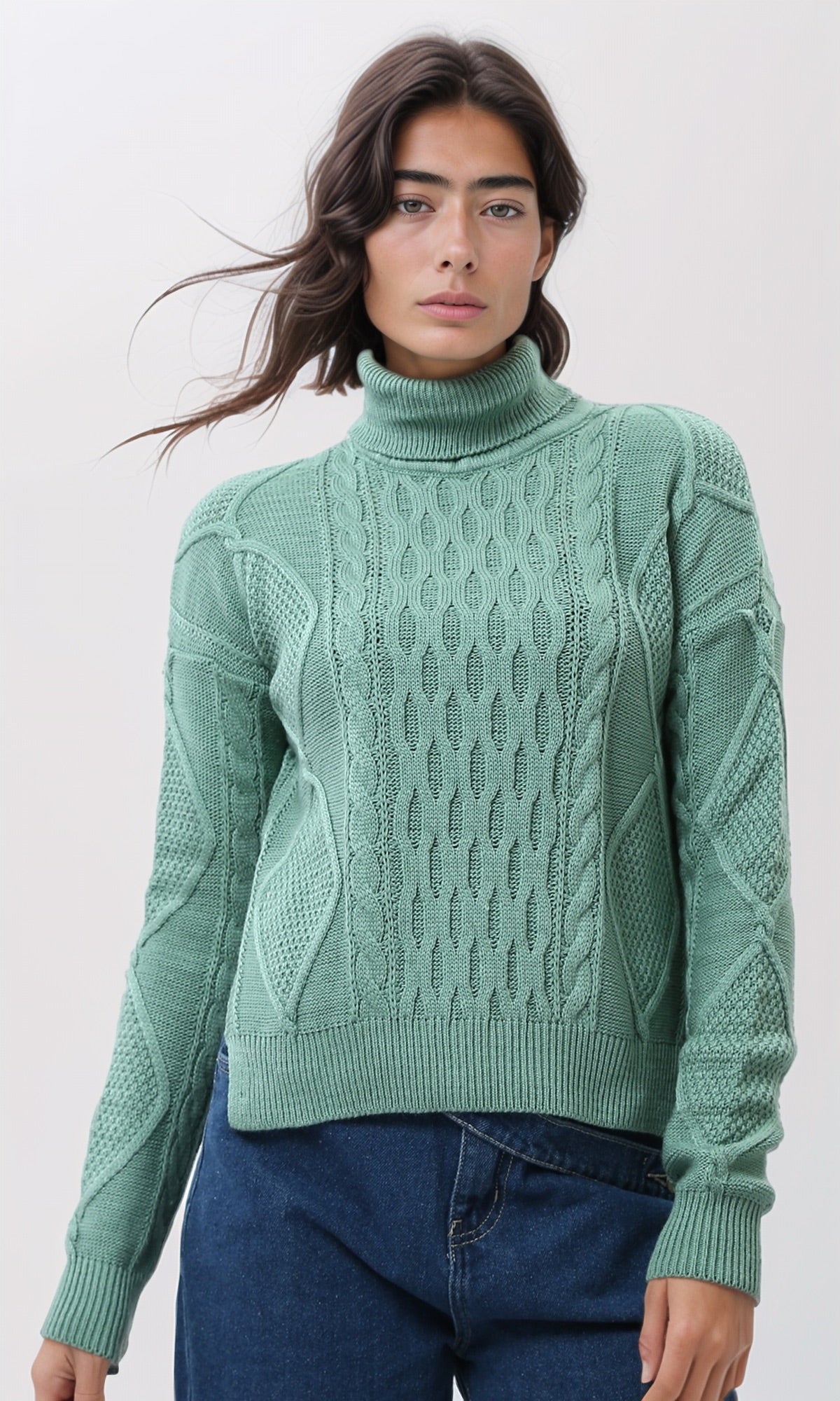 Sage Green Mixed Cable-Knit Turtleneck Pullover - O199850