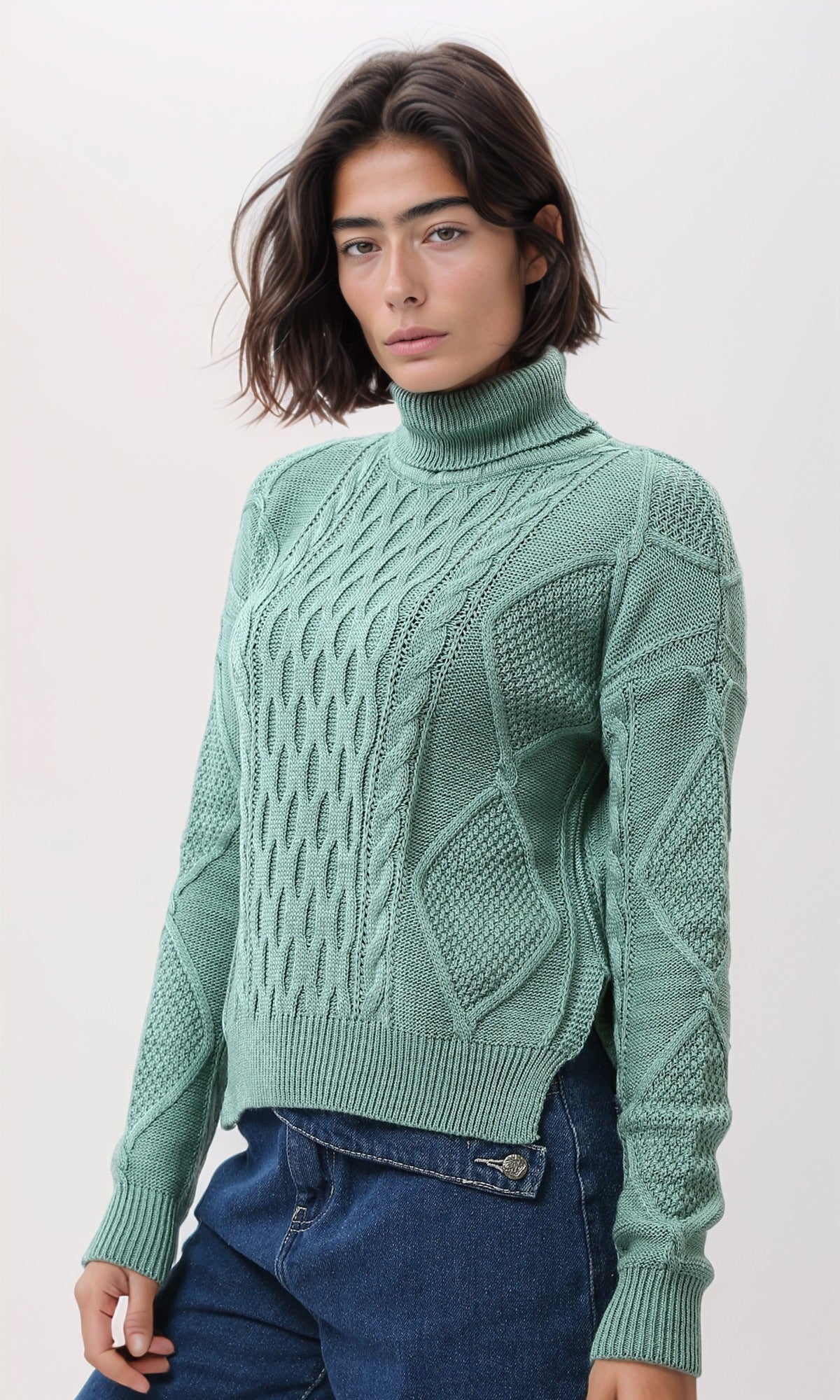 Sage Green Mixed Cable-Knit Turtleneck Pullover - O199850