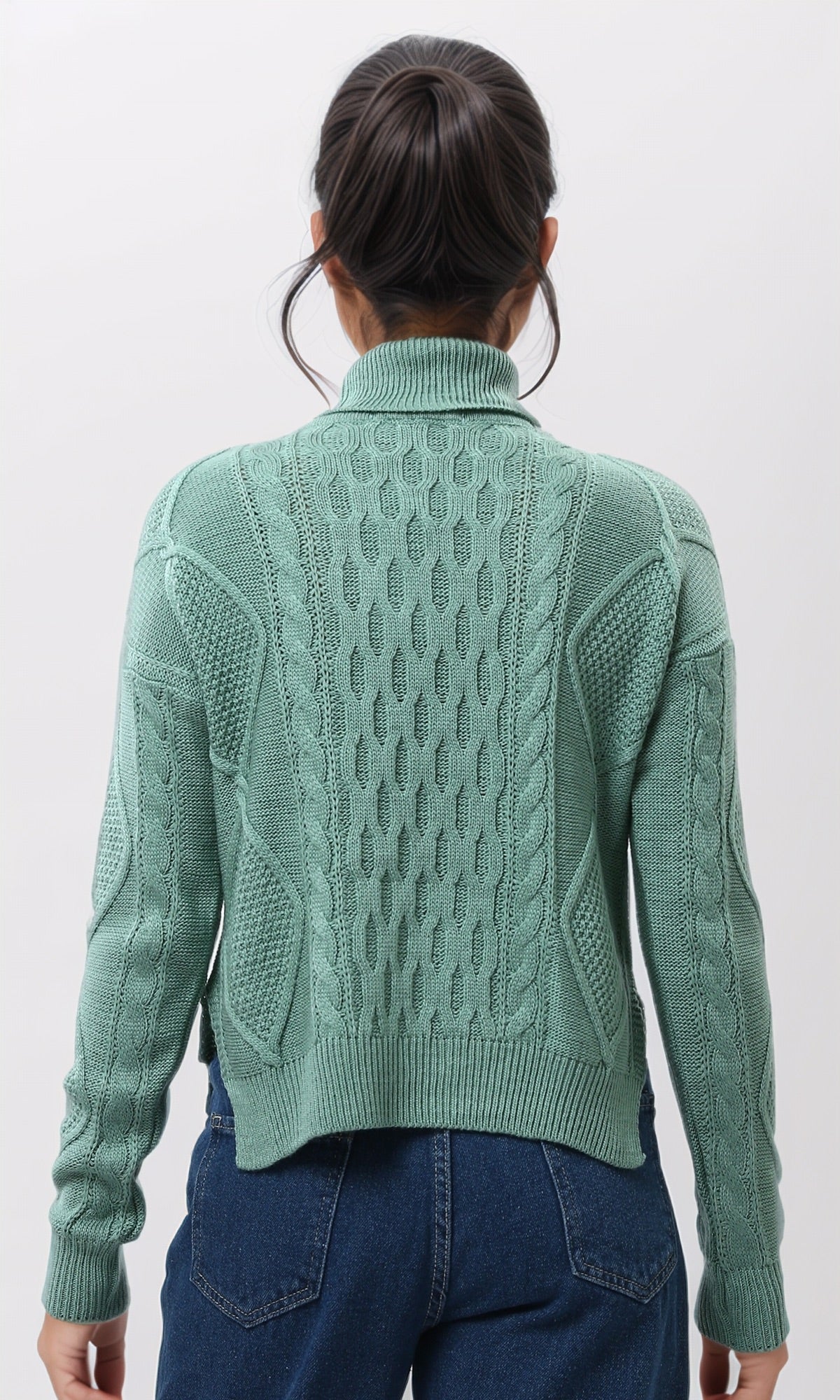 Sage Green Mixed Cable-Knit Turtleneck Pullover - O199850