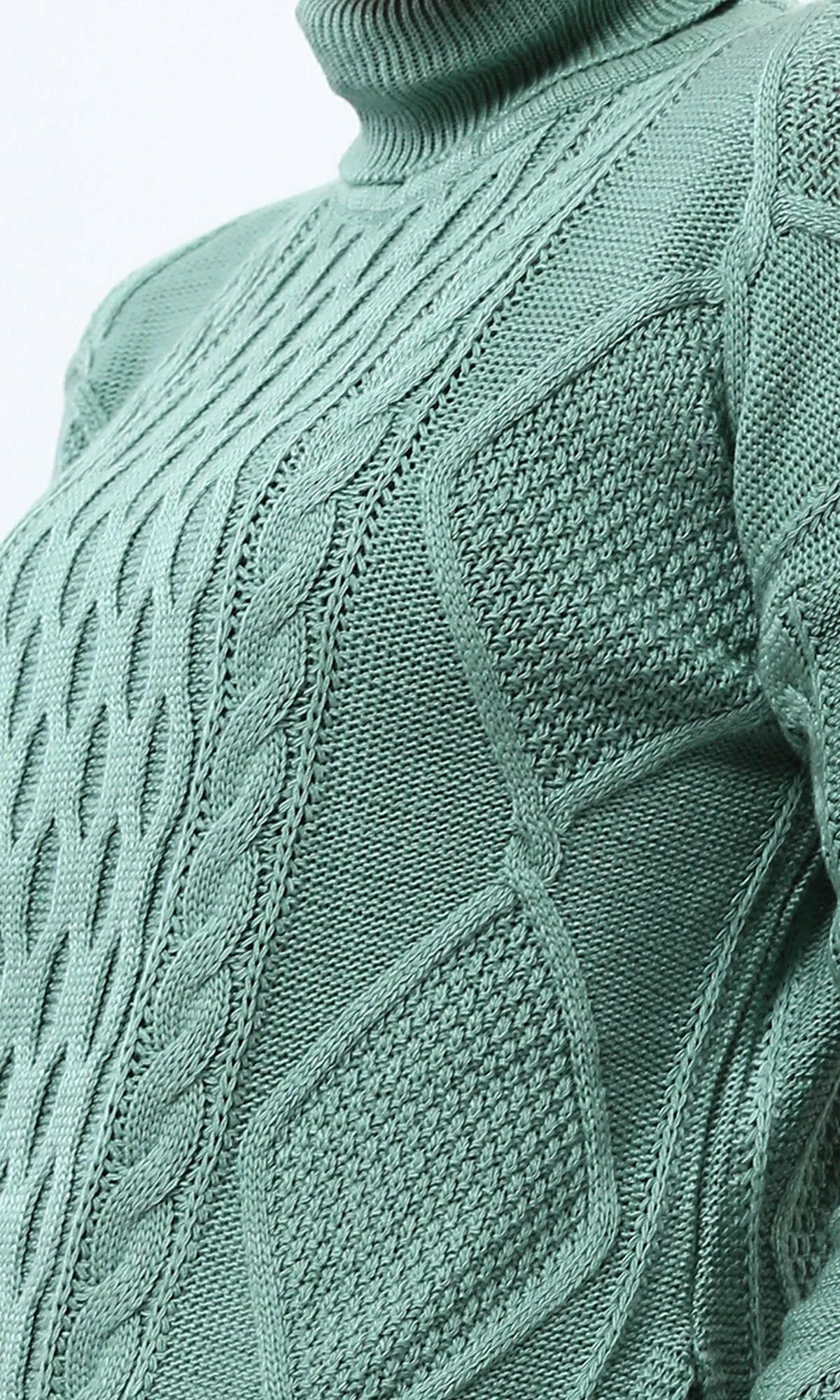 Sage Green Mixed Cable-Knit Turtleneck Pullover - O199850