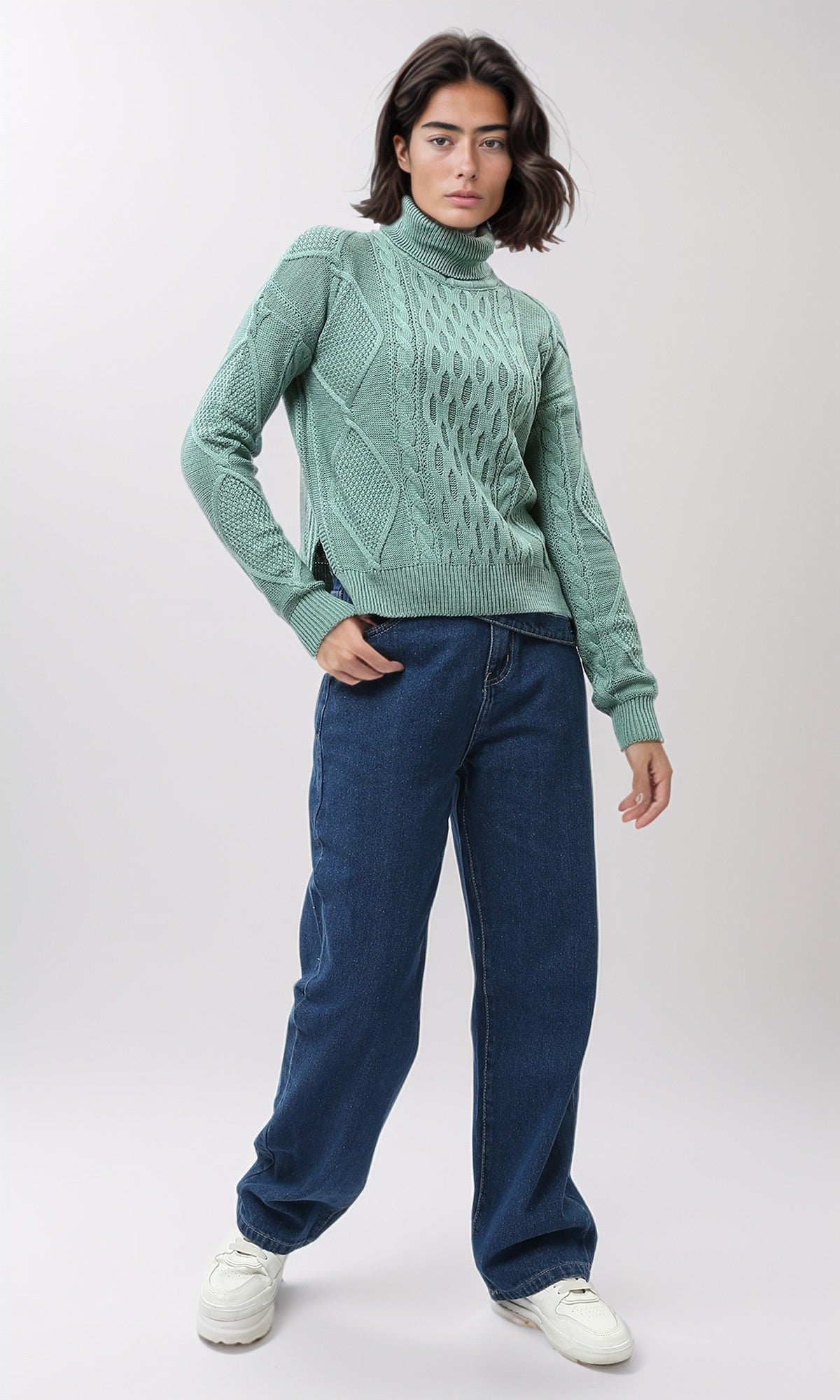 Sage Green Mixed Cable-Knit Turtleneck Pullover - O199850