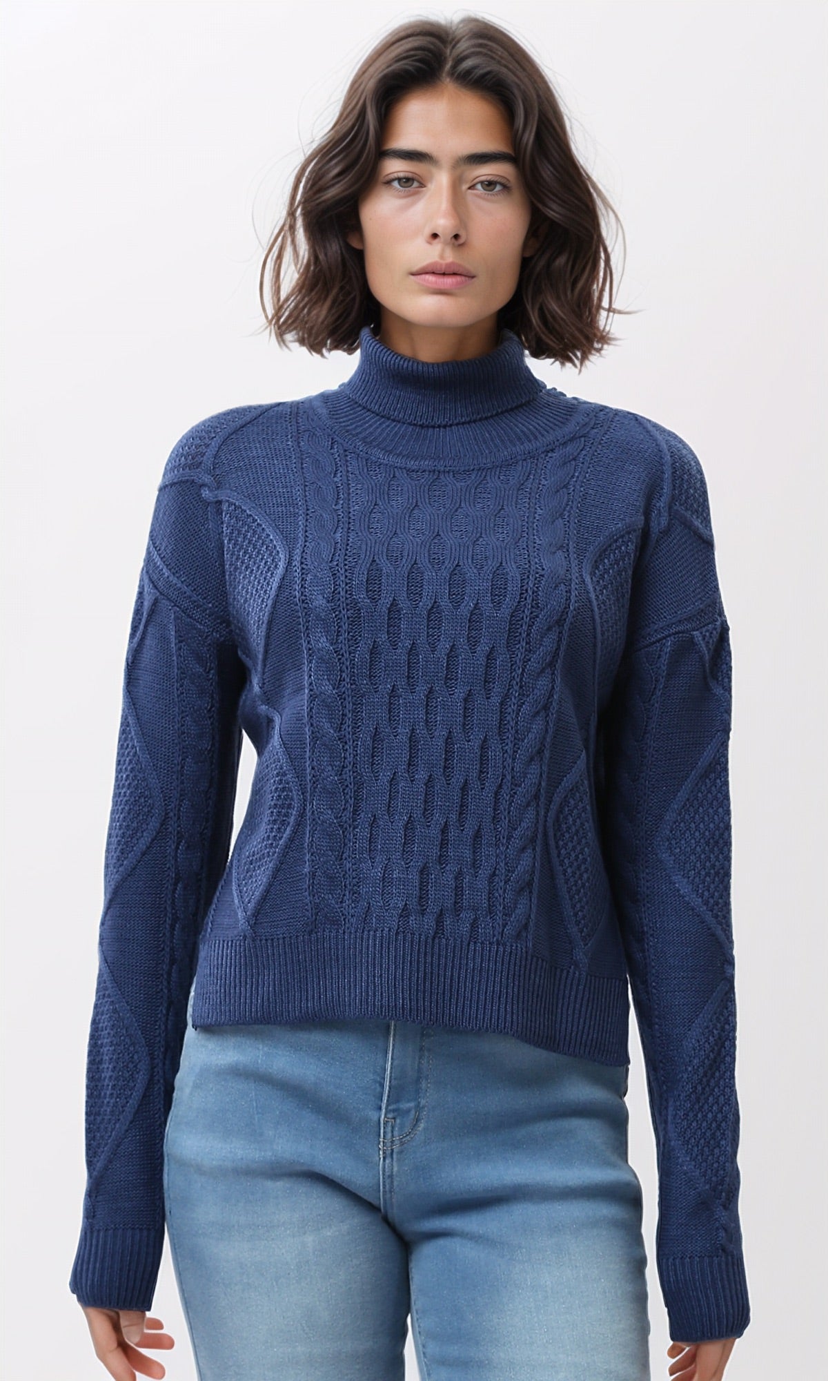 Navy Intricate Mixed Cable Knit Turtleneck Pullover - O199853