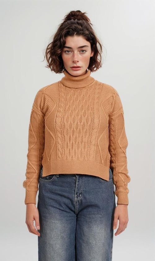O199854-O199854 - Cable Knit Mock Neck Sweater - Caramel