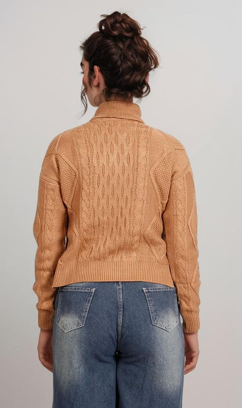 O199854-O199854 - Cable Knit Mock Neck Sweater - Caramel