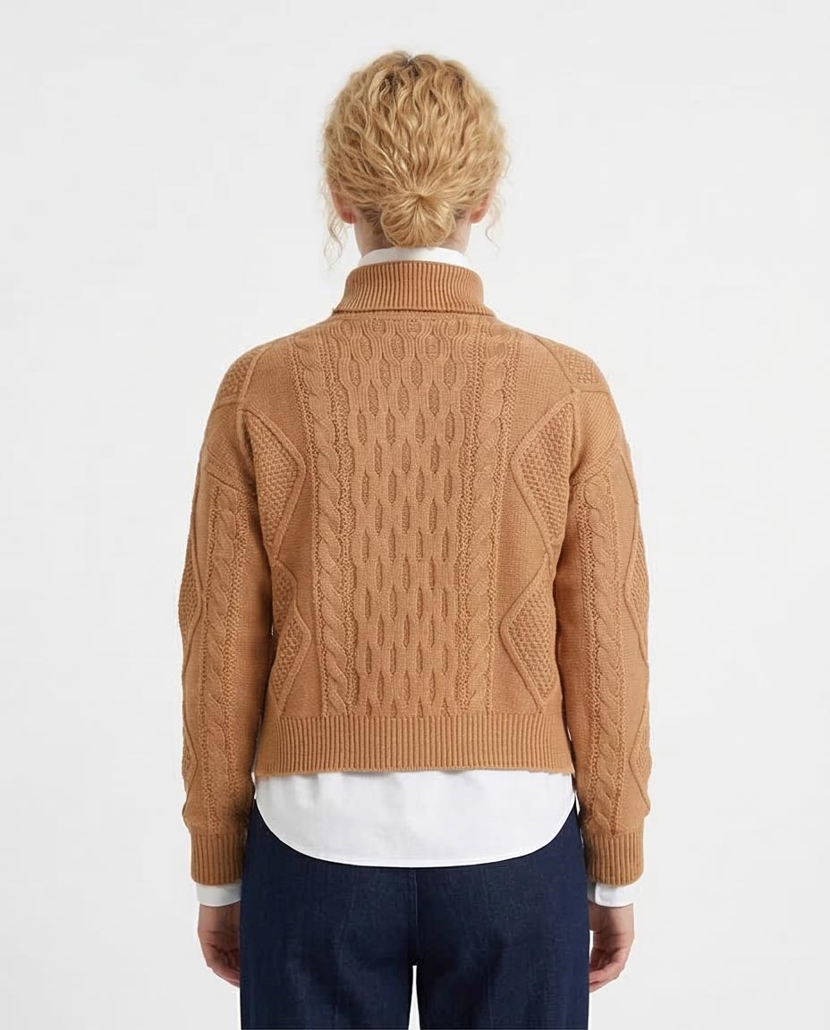 Camel Cable-Knit Cropped Mock Neck Sweater - O199854