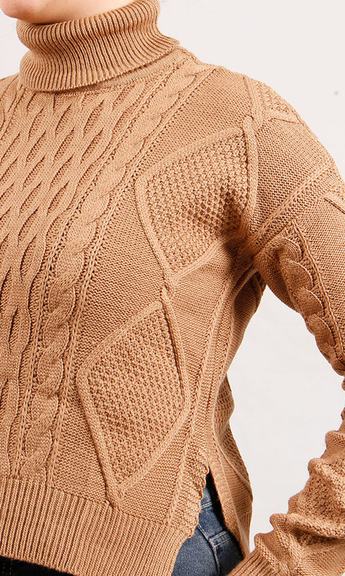 O199854-O199854 - Cable Knit Mock Neck Sweater - Caramel