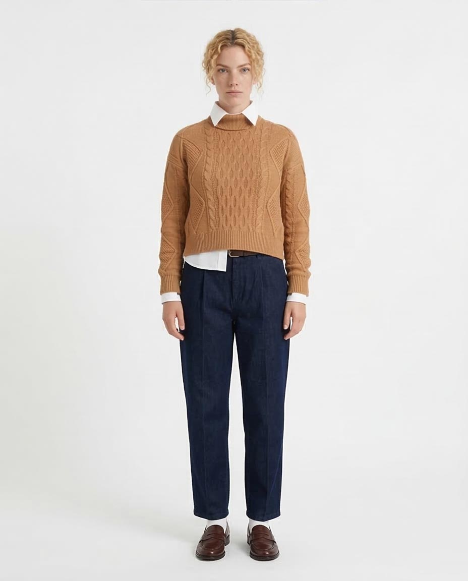 Camel Cable-Knit Cropped Mock Neck Sweater - O199854
