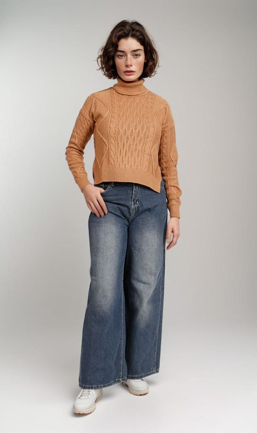 O199854-O199854 - Cable Knit Mock Neck Sweater - Caramel