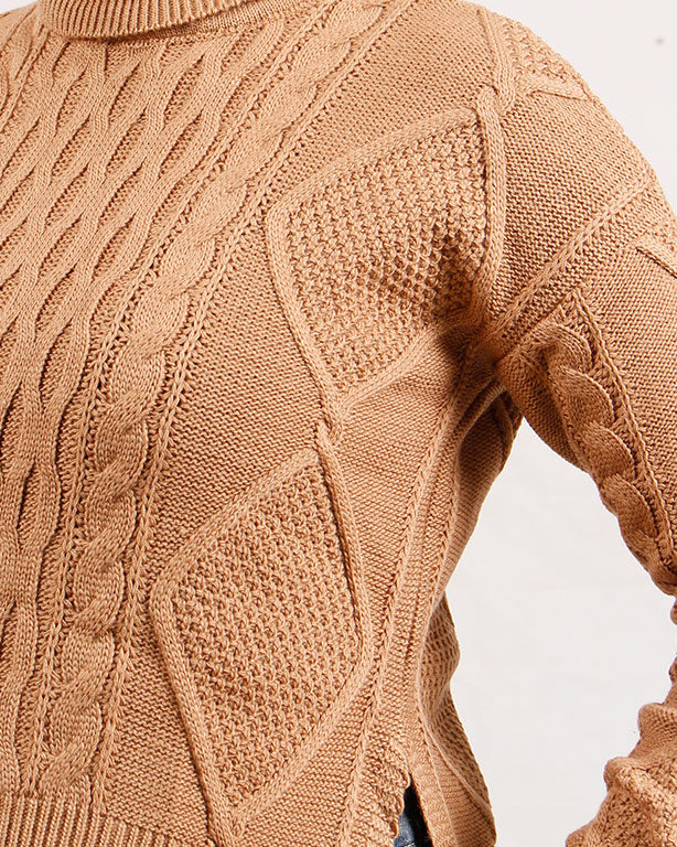 Camel Cable-Knit Cropped Mock Neck Sweater - O199854
