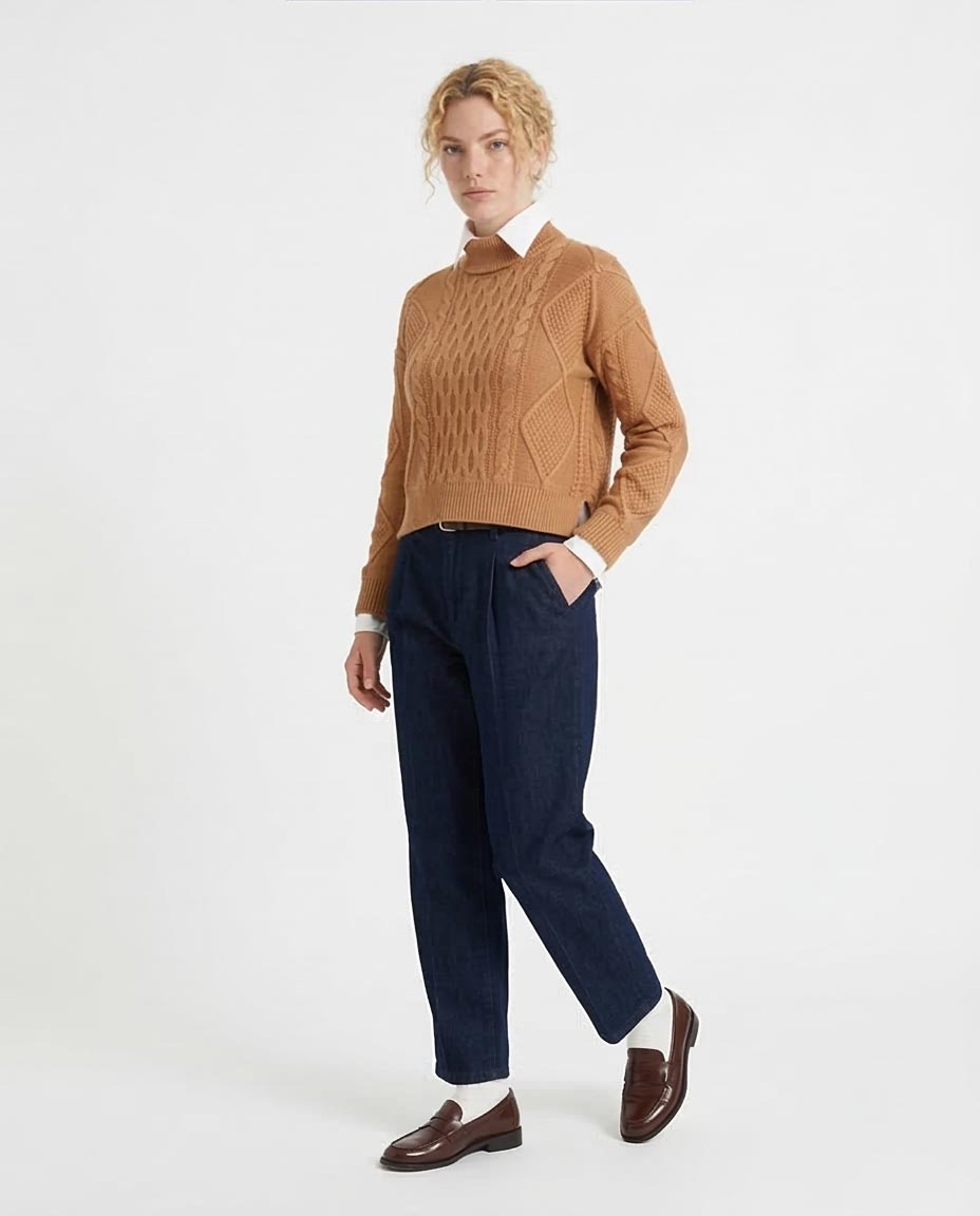 Camel Cable-Knit Cropped Mock Neck Sweater - O199854