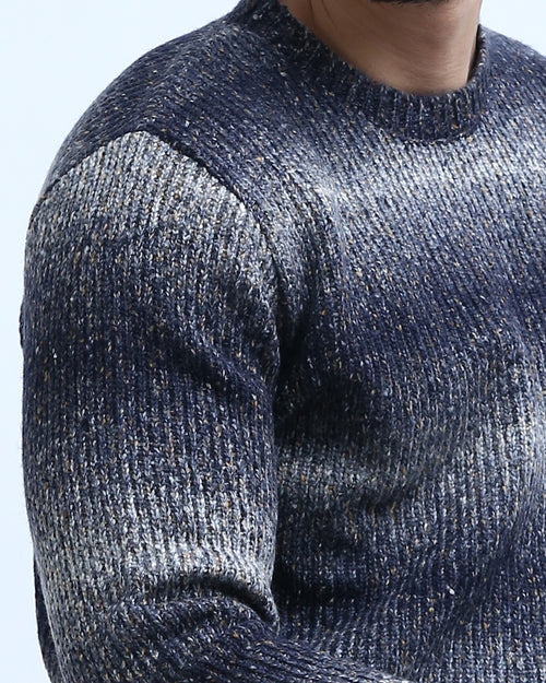 بلوفر مضلع بياقة دائرية كحلي وأبيض