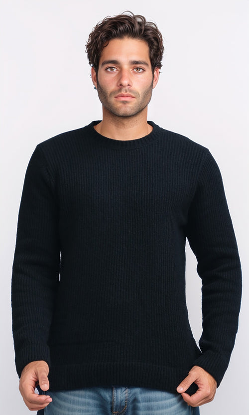 O199877 - Ribbed Round Neck Pullover with Long Sleeves - Black