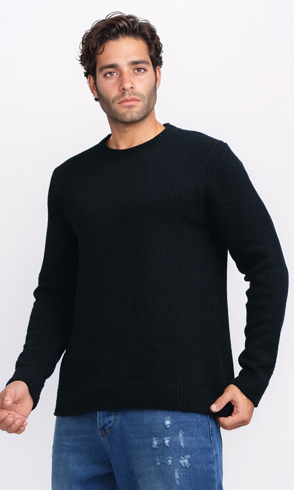 O199877 - Ribbed Round Neck Pullover with Long Sleeves - Black
