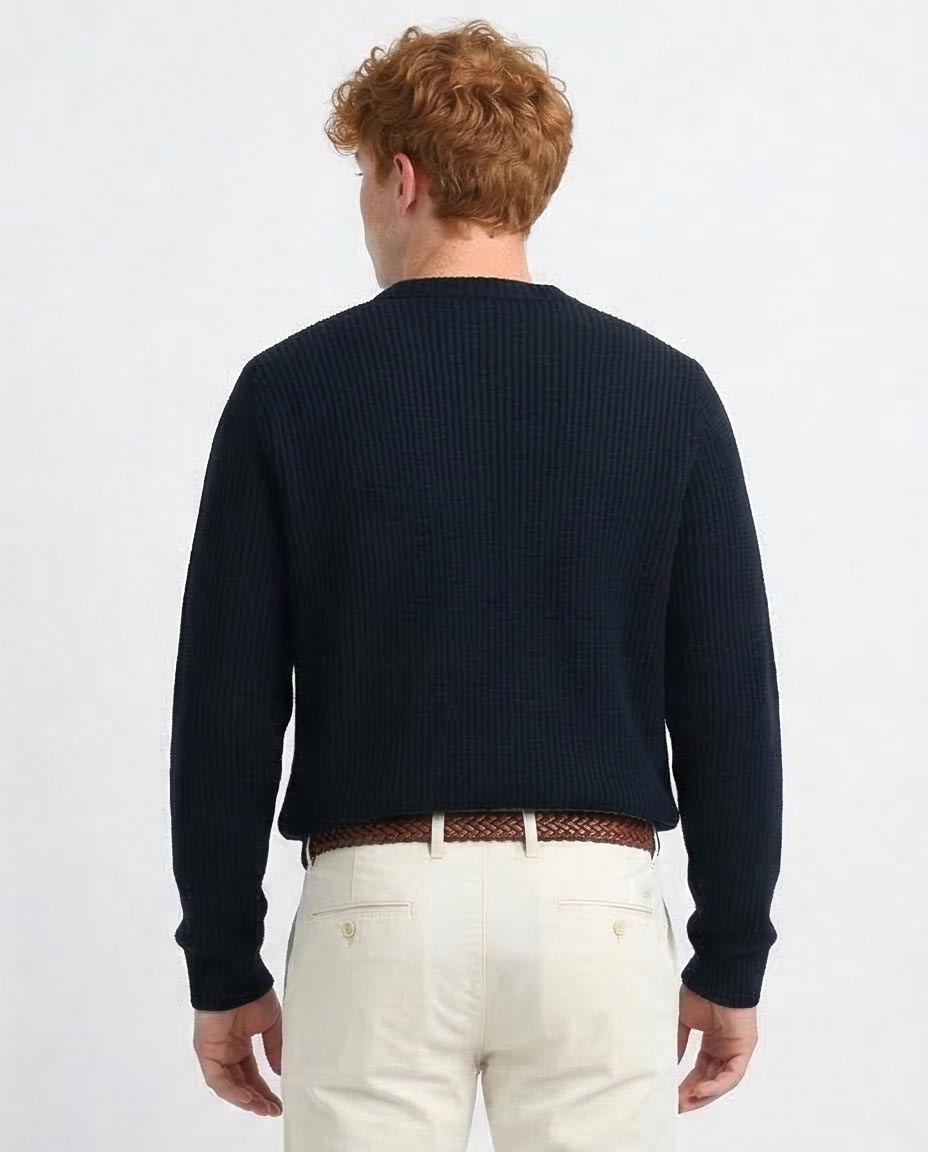 Navy Ribbed Knit Crew Neck Pullover Sweater - O199877