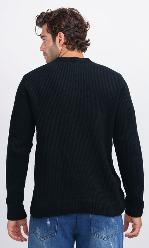 O199877 - Ribbed Round Neck Pullover with Long Sleeves - Black