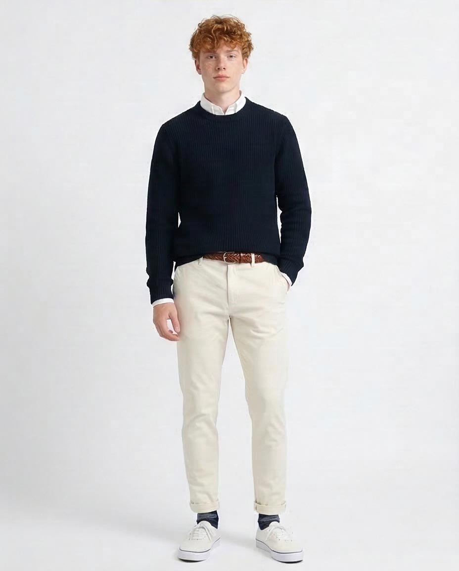 Navy Ribbed Knit Crew Neck Pullover Sweater - O199877