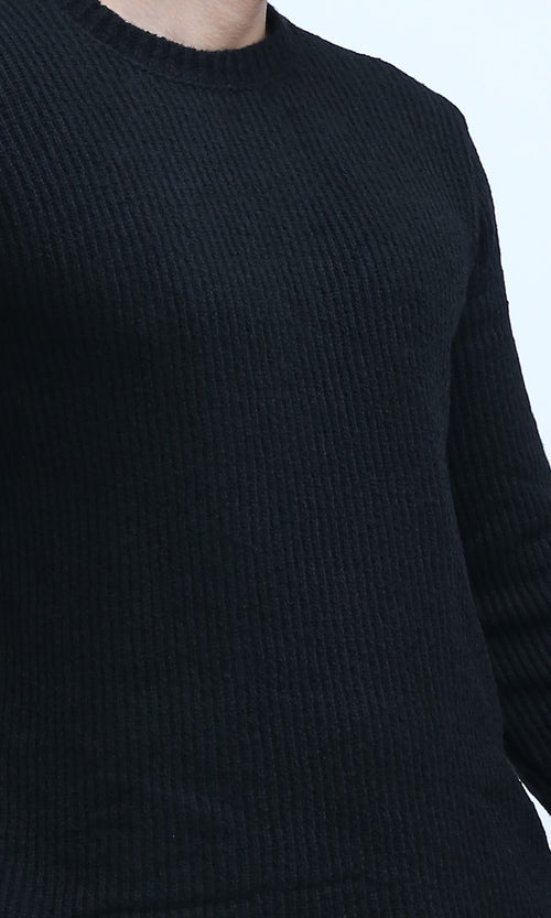 O199877 - Ribbed Round Neck Pullover with Long Sleeves - Black