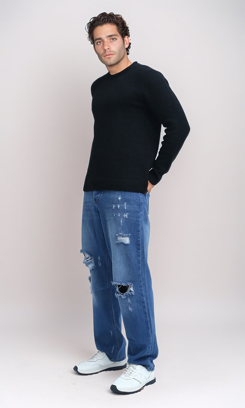 O199877 - Ribbed Round Neck Pullover with Long Sleeves - Black