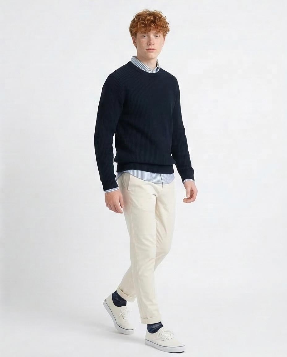 Navy Ribbed Knit Crew Neck Pullover Sweater - O199877