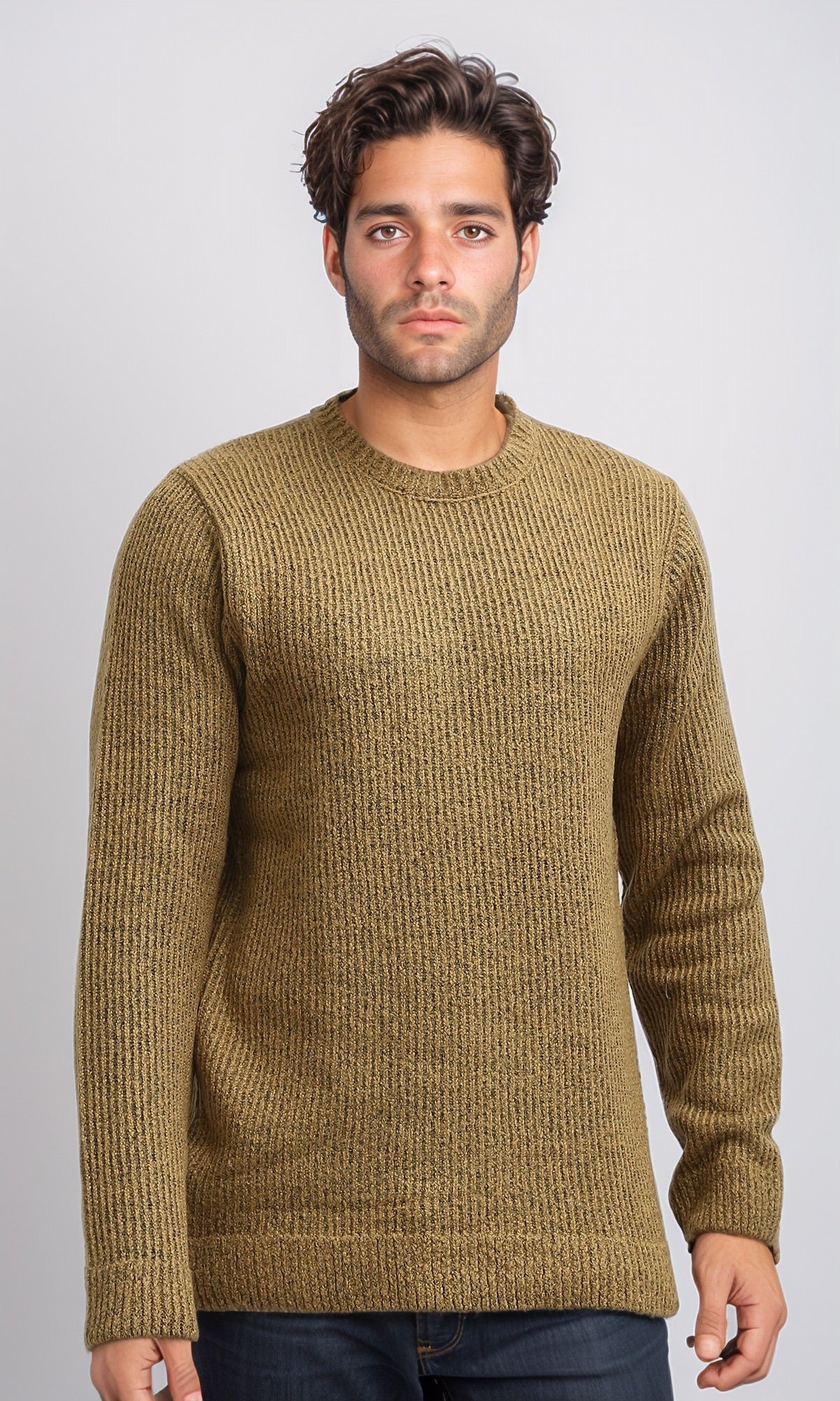 O199878 Ribbed Round Neck Pullover with Long Sleeves - Camel