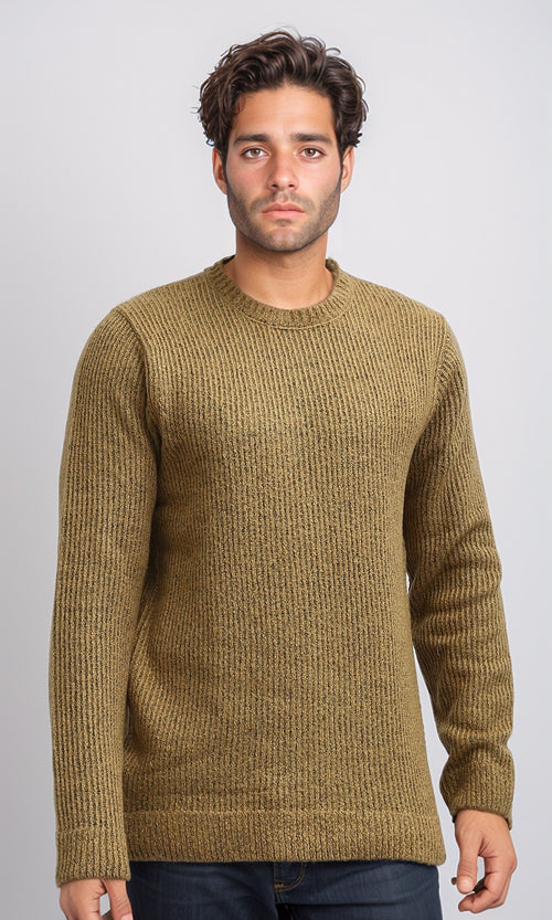 O199878 - Ribbed Round Neck Pullover with Long Sleeves - Camel