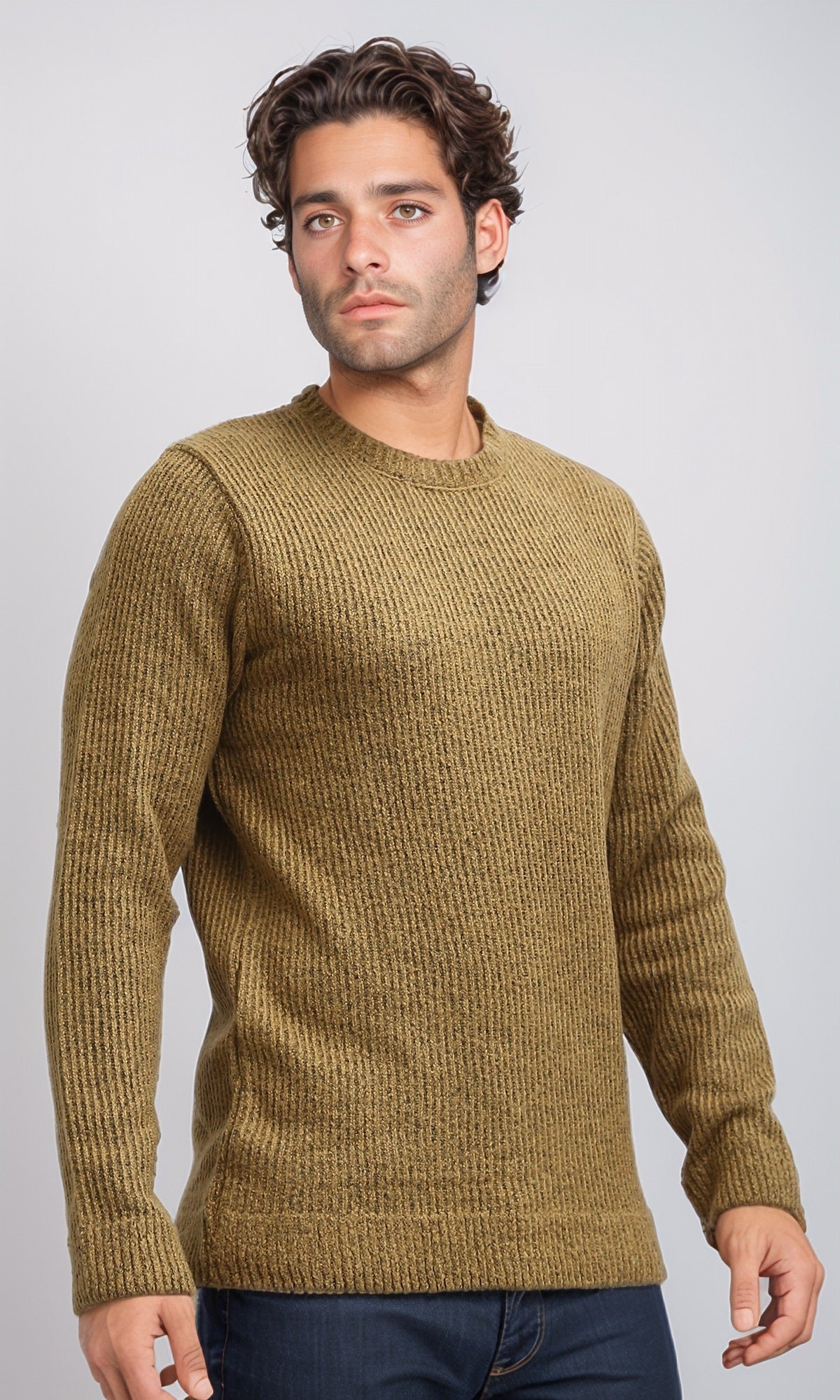 O199878 Ribbed Round Neck Pullover with Long Sleeves - Camel