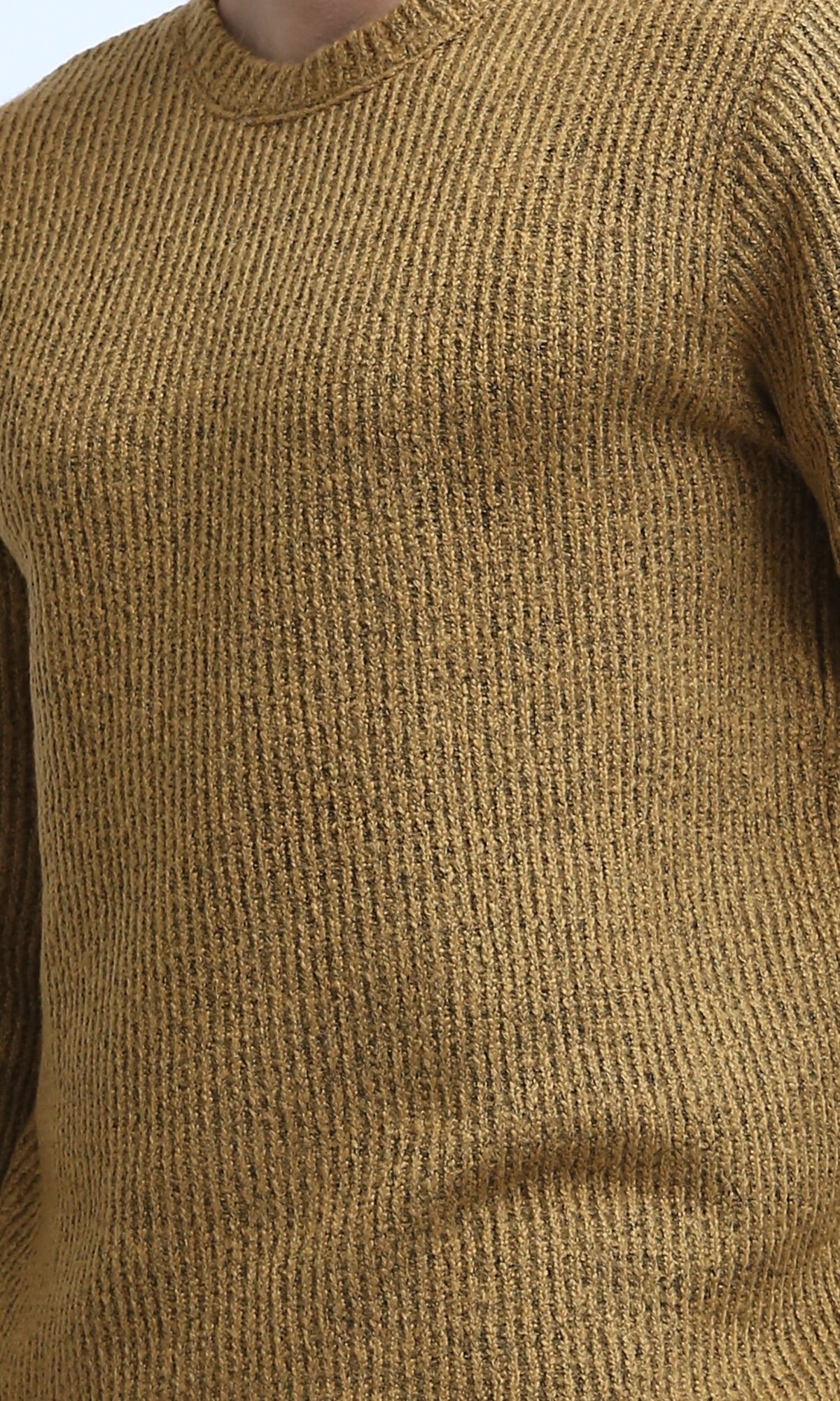 O199878 Ribbed Round Neck Pullover with Long Sleeves - Camel