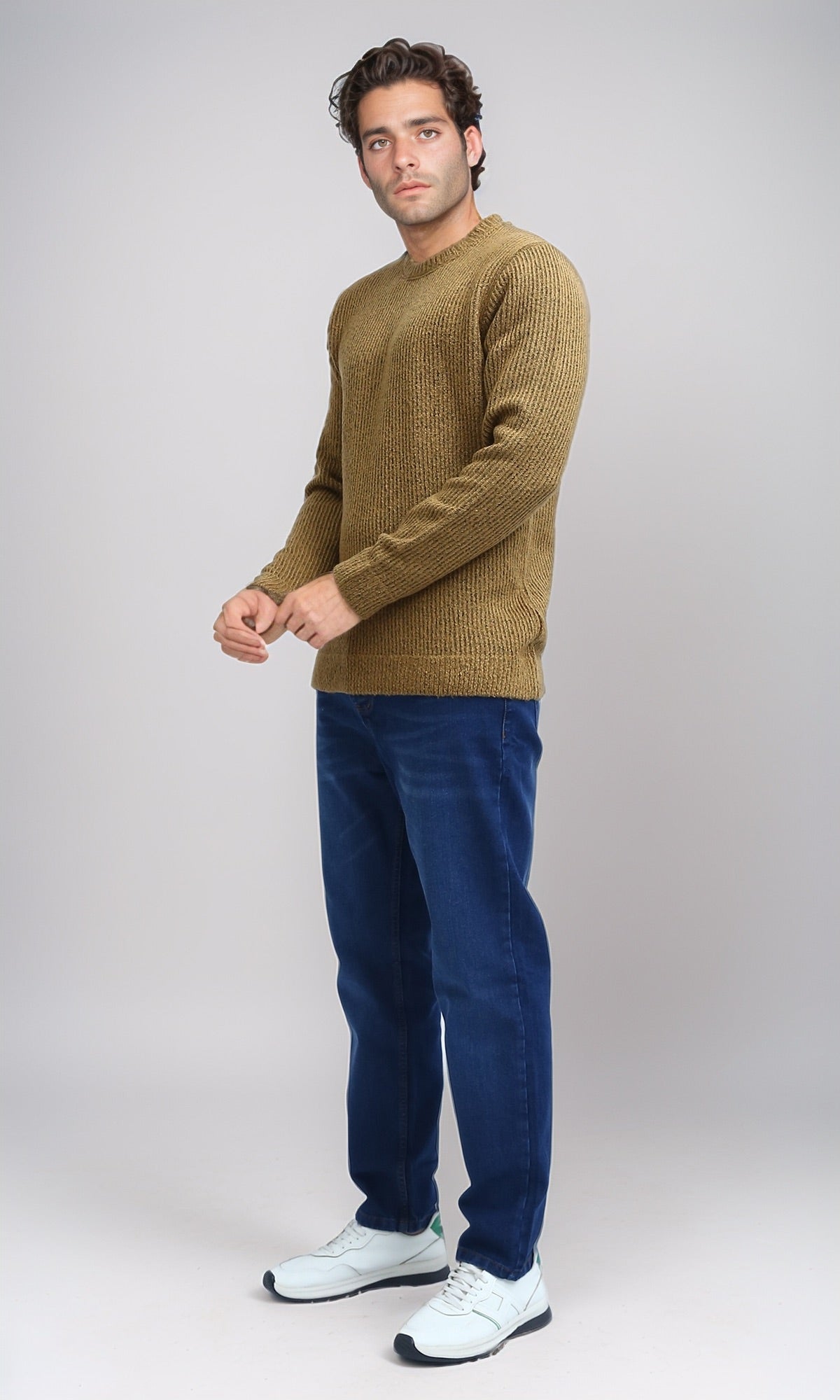 O199878 Ribbed Round Neck Pullover with Long Sleeves - Camel