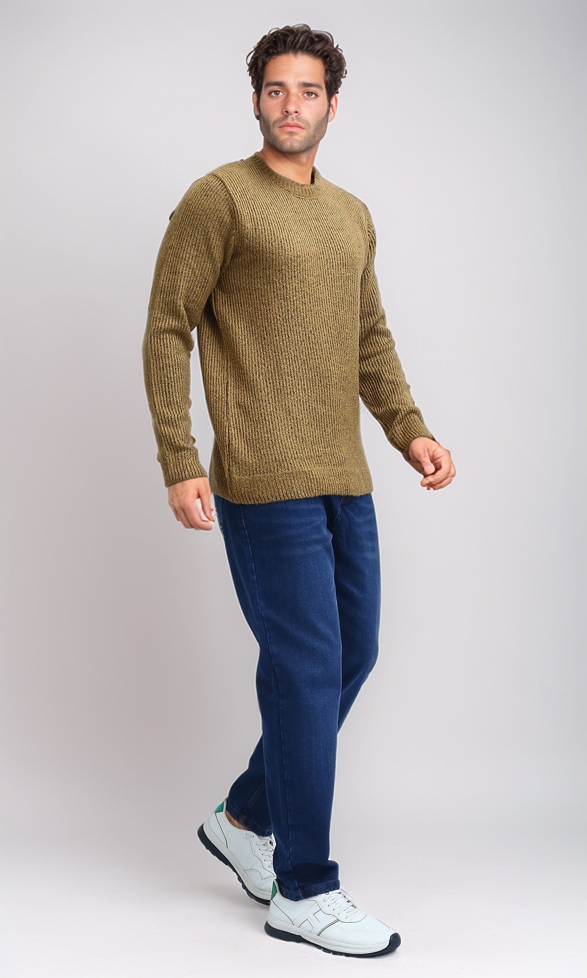 O199878 Ribbed Round Neck Pullover with Long Sleeves - Camel