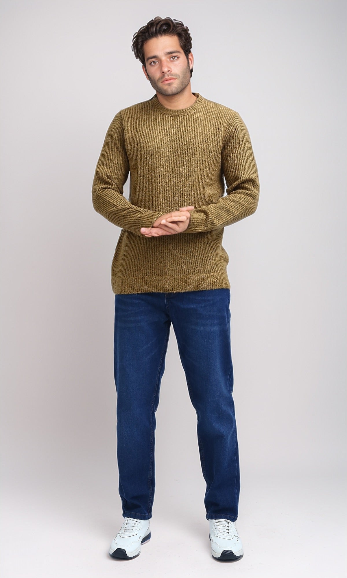 O199878 Ribbed Round Neck Pullover with Long Sleeves - Camel